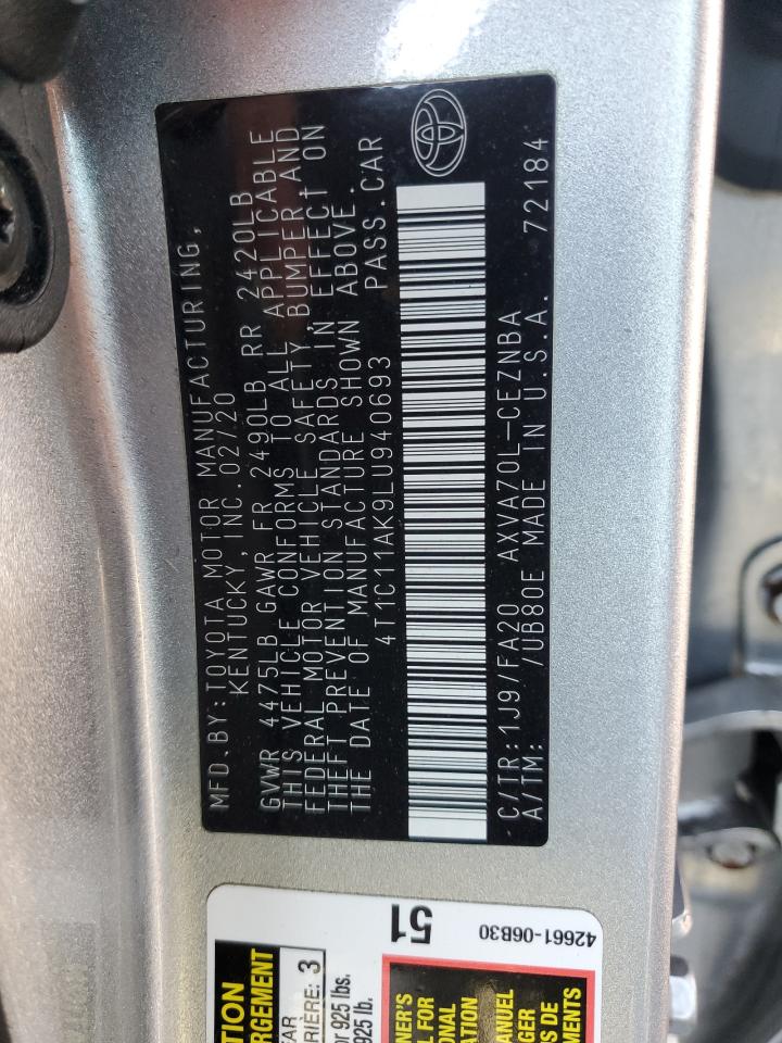 2020 Toyota Camry Le VIN: 4T1C11AK9LU940693 Lot: 85765385