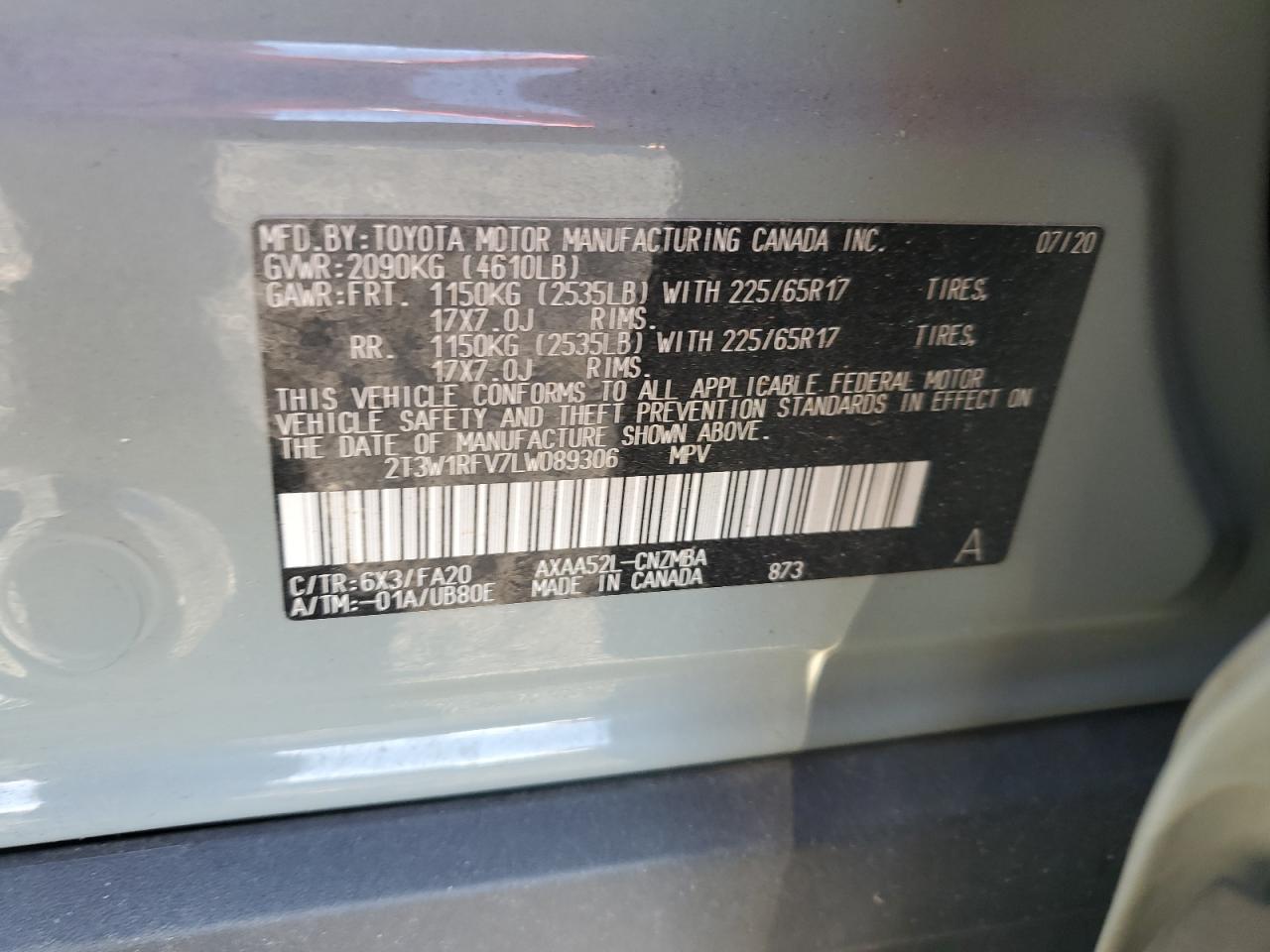 2020 Toyota Rav4 Xle VIN: 2T3W1RFV7LW089306 Lot: 82486875