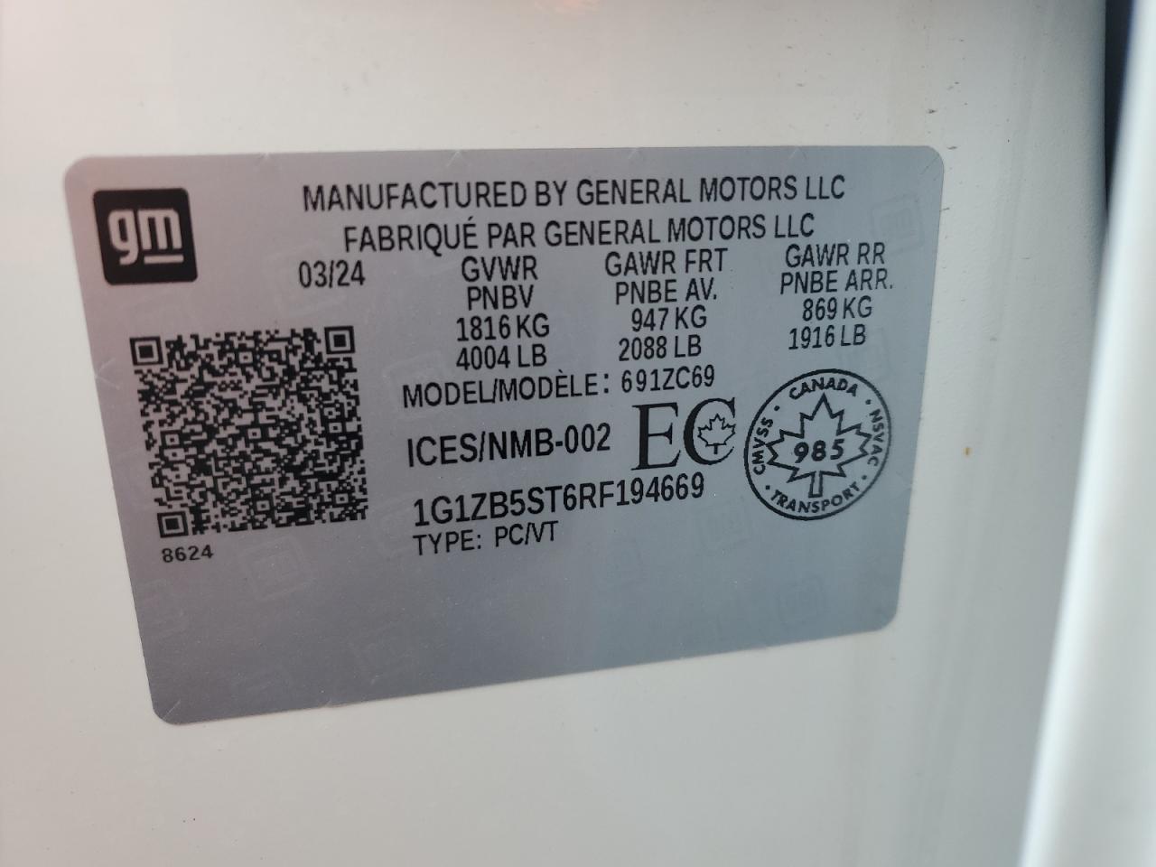 2024 Chevrolet Malibu Ls VIN: 1G1ZB5ST6RF194669 Lot: 85816185