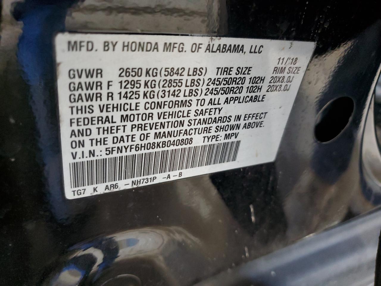 2019 Honda Pilot Elite VIN: 5FNYF6H08KB040808 Lot: 84791065