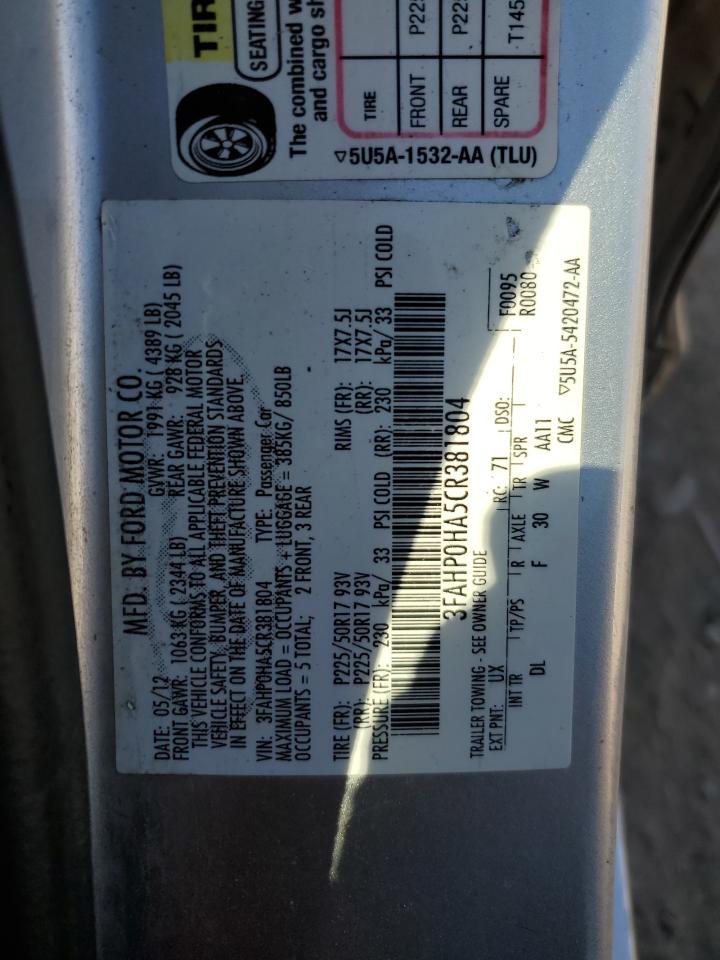 2012 Ford Fusion Se VIN: 3FAHP0HA5CR381804 Lot: 87236675