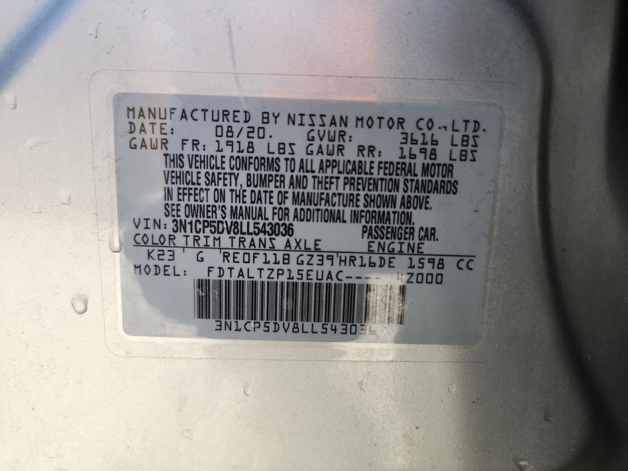 2020 Nissan Kicks Sr VIN: 3N1CP5DV8LL543036 Lot: 86405995