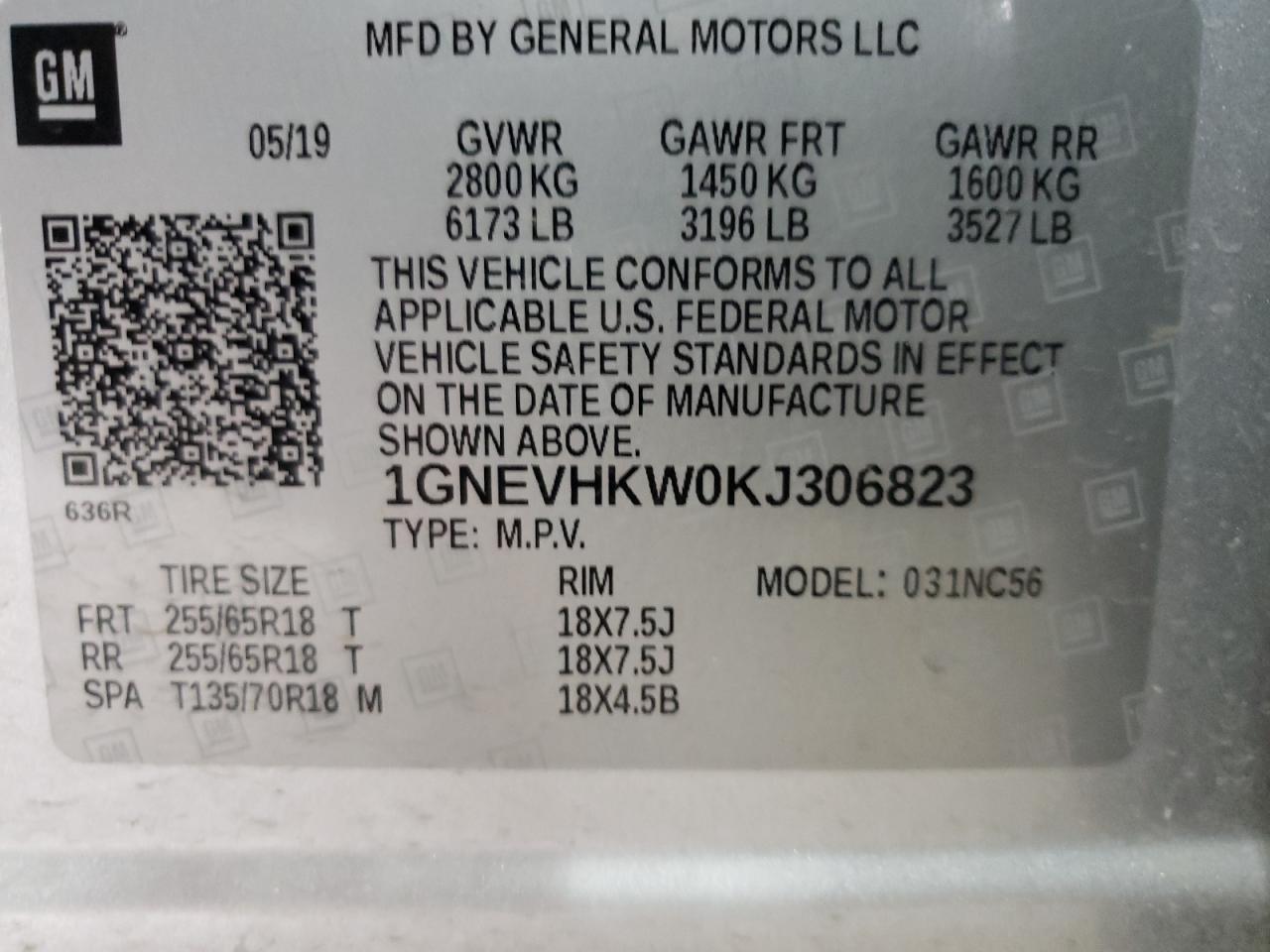 2019 Chevrolet Traverse Lt VIN: 1GNEVHKW0KJ306823 Lot: 84183785