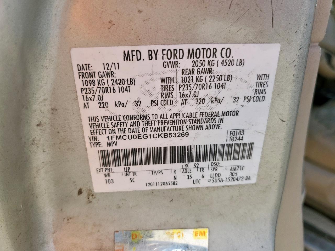 2012 Ford Escape Limited VIN: 1FMCU0EG1CKB53269 Lot: 85087905