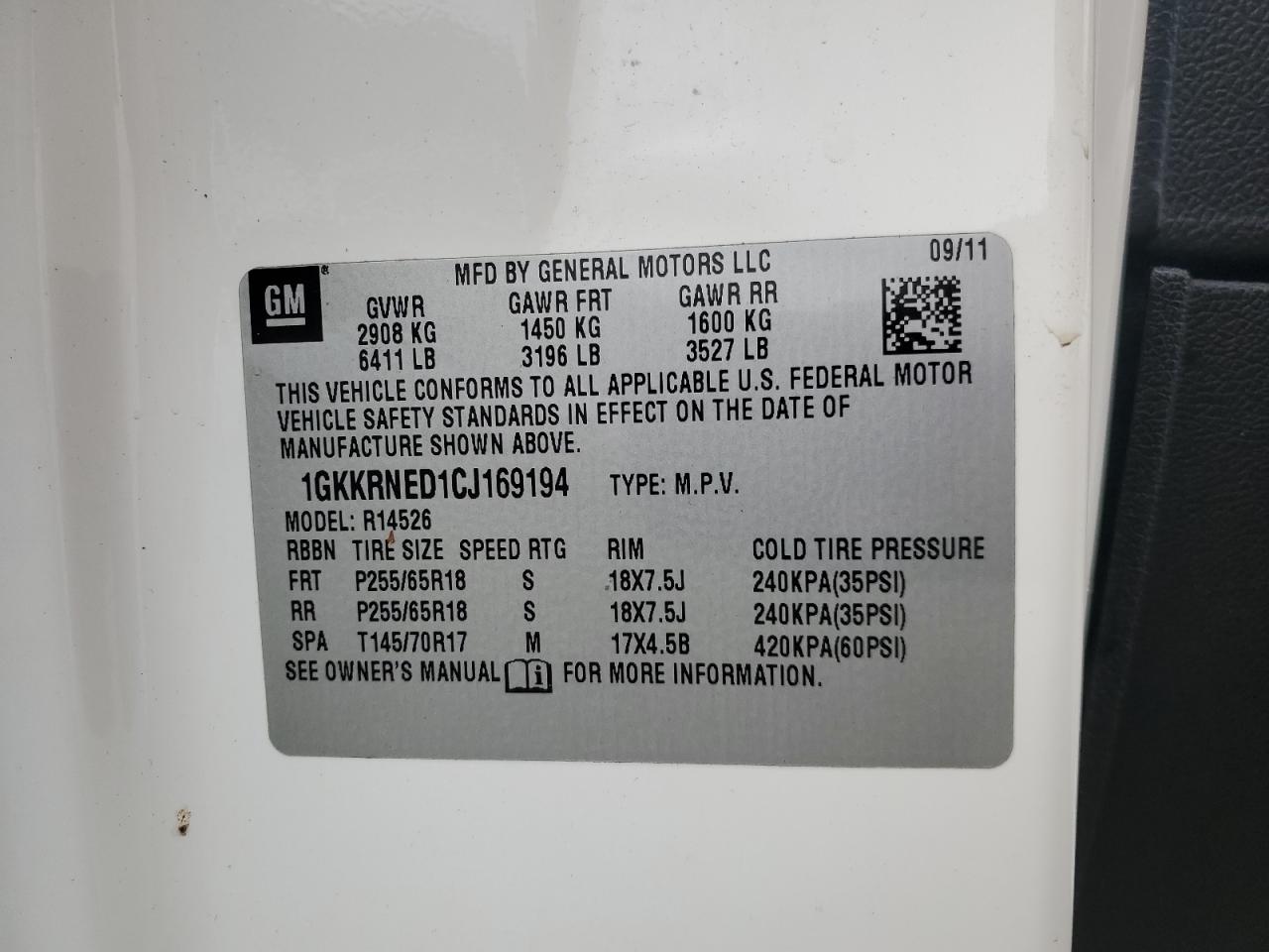 2012 GMC Acadia Sle VIN: 1GKKRNED1CJ169194 Lot: 90342865