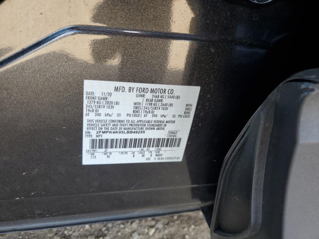 2020 Ford Edge Titanium VIN: 2FMPK4K95LBB49255 Lot: 82229955