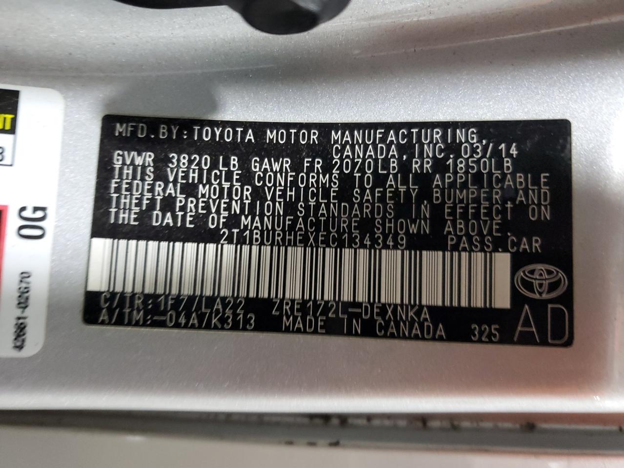 2014 Toyota Corolla L VIN: 2T1BURHEXEC134349 Lot: 89709935