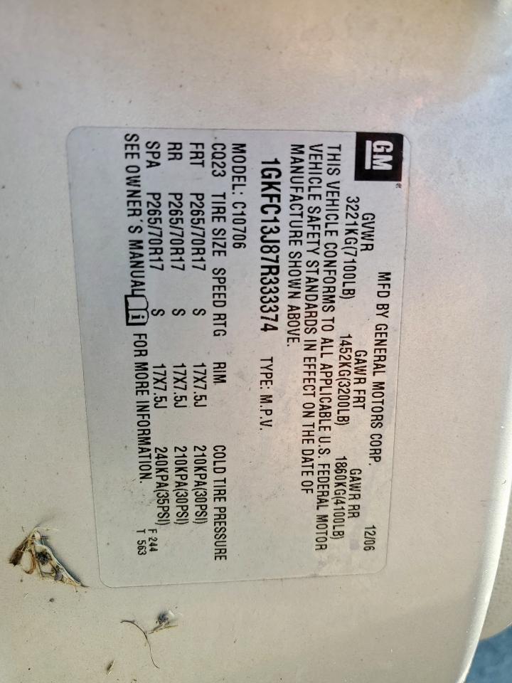 2007 GMC Yukon VIN: 1GKFC13J87R333374 Lot: 84909375