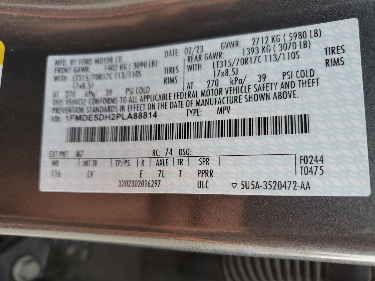 2023 Ford Bronco Base VIN: 1FMDE5DH2PLA88814 Lot: 89870785