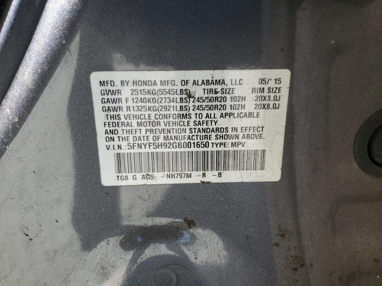 2016 Honda Pilot Touring VIN: 5FNYF5H92GB001650 Lot: 85160645