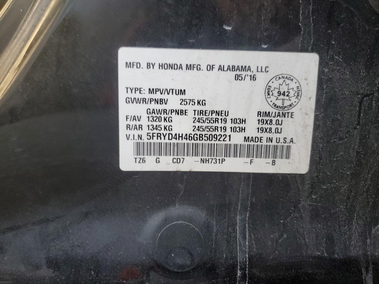 2016 Acura Mdx Technology VIN: 5FRYD4H46GB509221 Lot: 85666105