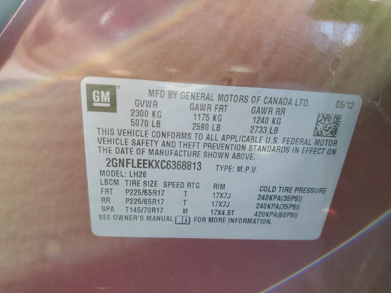 2012 Chevrolet Equinox Lt VIN: 2GNFLEEKXC6368813 Lot: 84854455