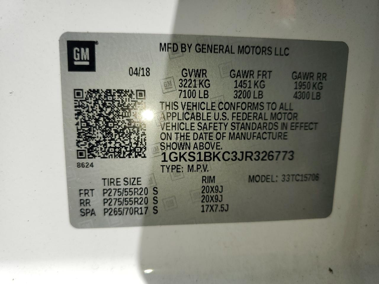 2018 GMC Yukon Slt VIN: 1GKS1BKC3JR326773 Lot: 89702675