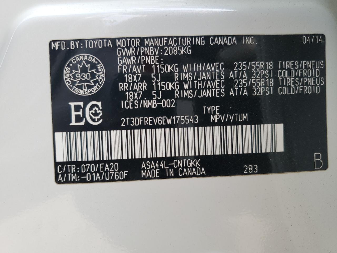 2014 Toyota Rav4 Limited VIN: 2T3DFREV6EW175543 Lot: 86069875