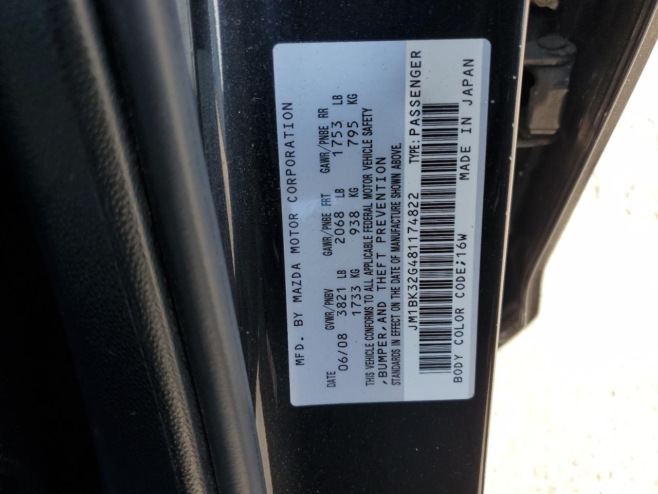 2008 Mazda 3 I VIN: JM1BK32G481174822 Lot: 82168545