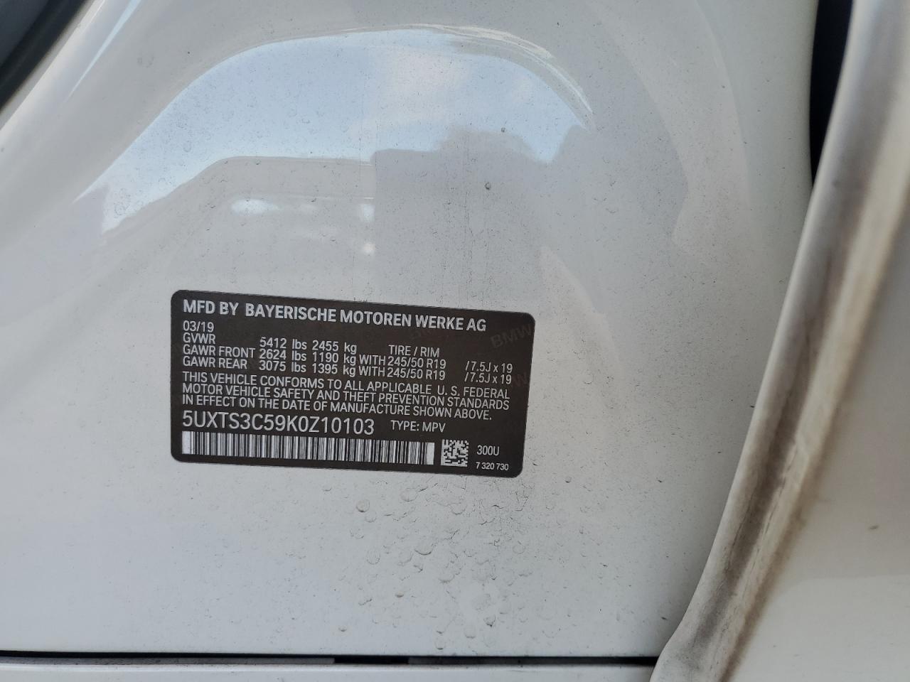 2019 BMW X3 xDrivem40I VIN: 5UXTS3C59K0Z10103 Lot: 85361405