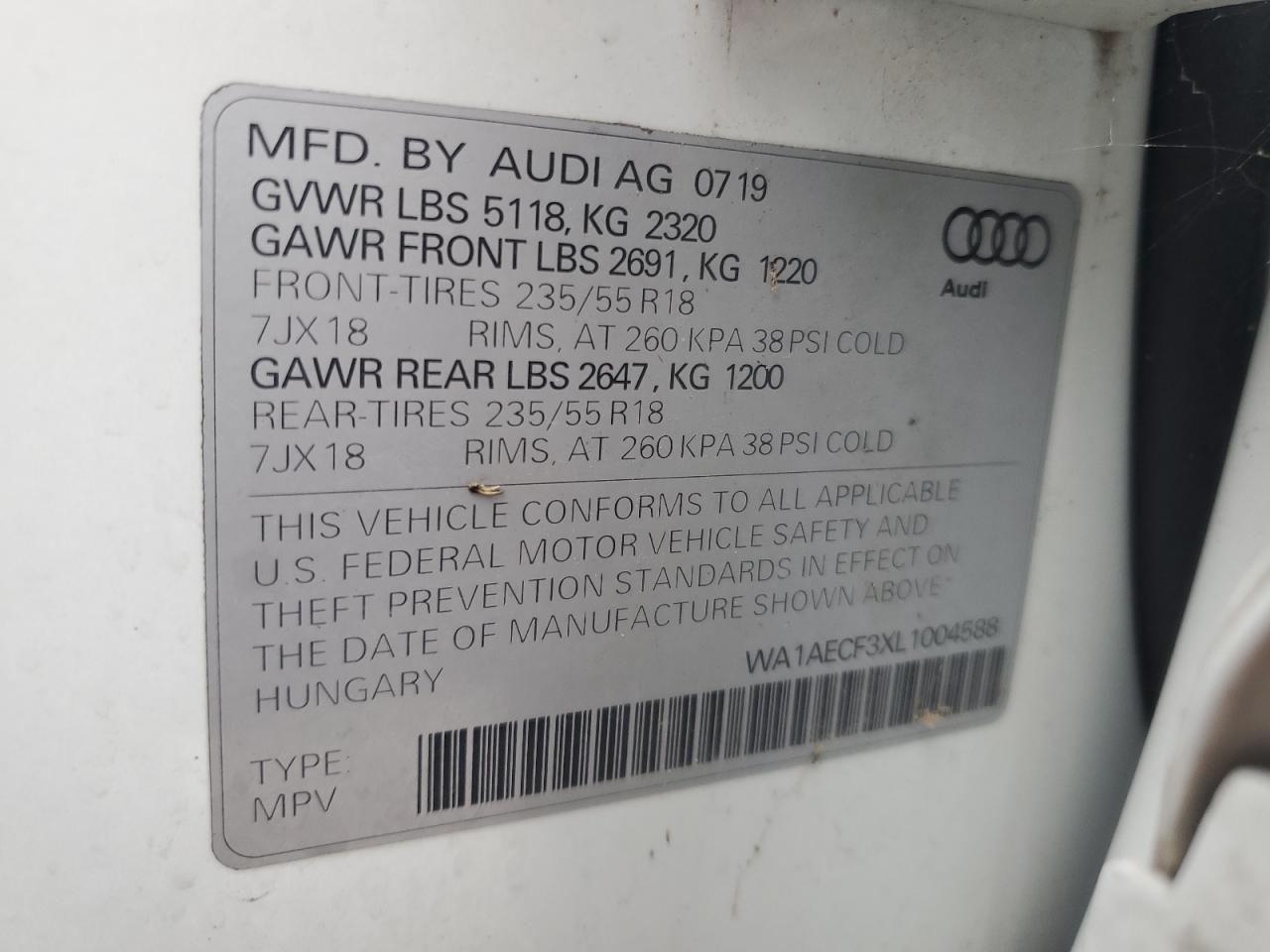 2020 Audi Q3 Premium VIN: WA1AECF3XL1004588 Lot: 85757165
