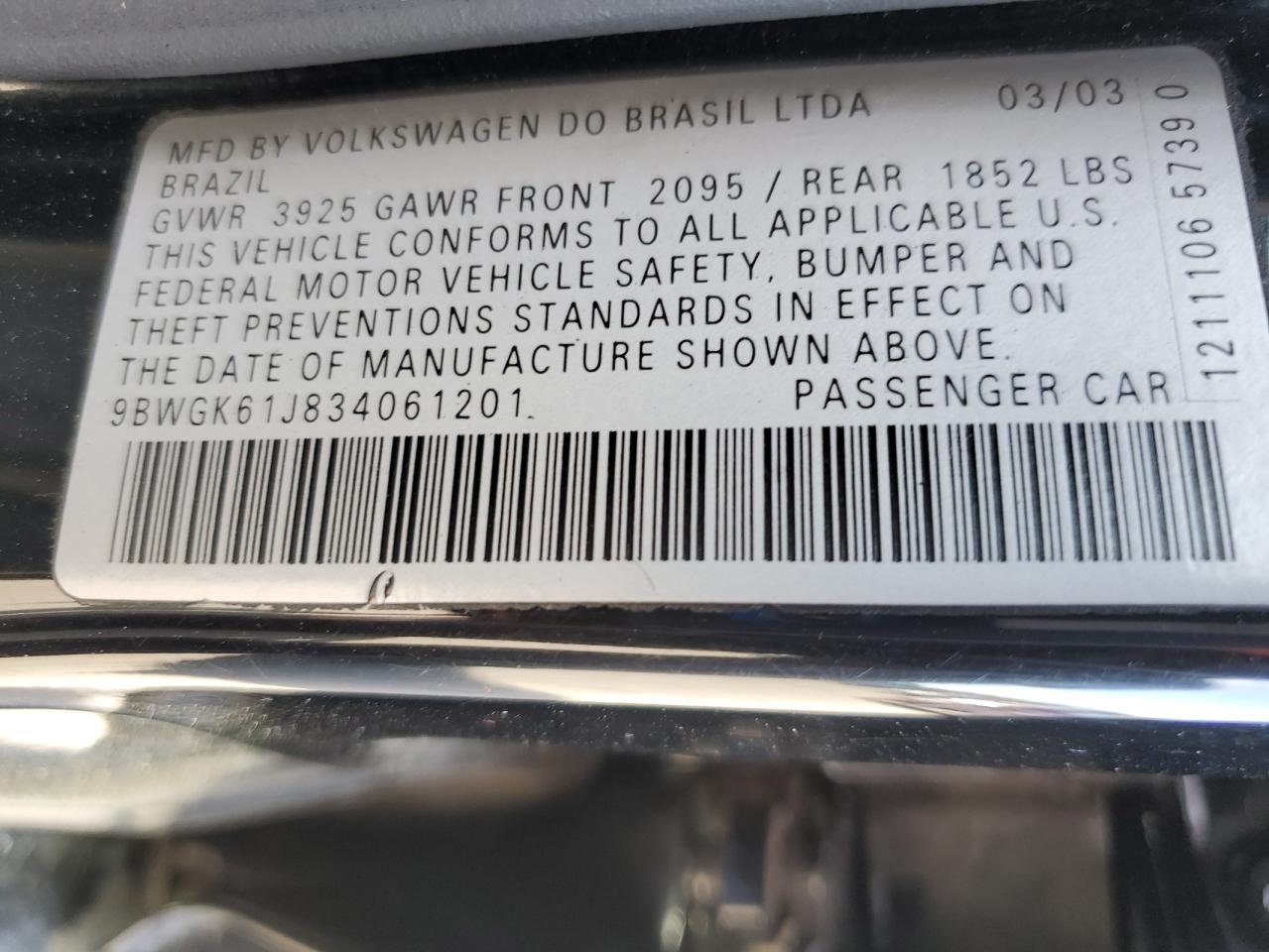 2003 Volkswagen Golf Gls VIN: 9BWGK61J834061201 Lot: 85124985