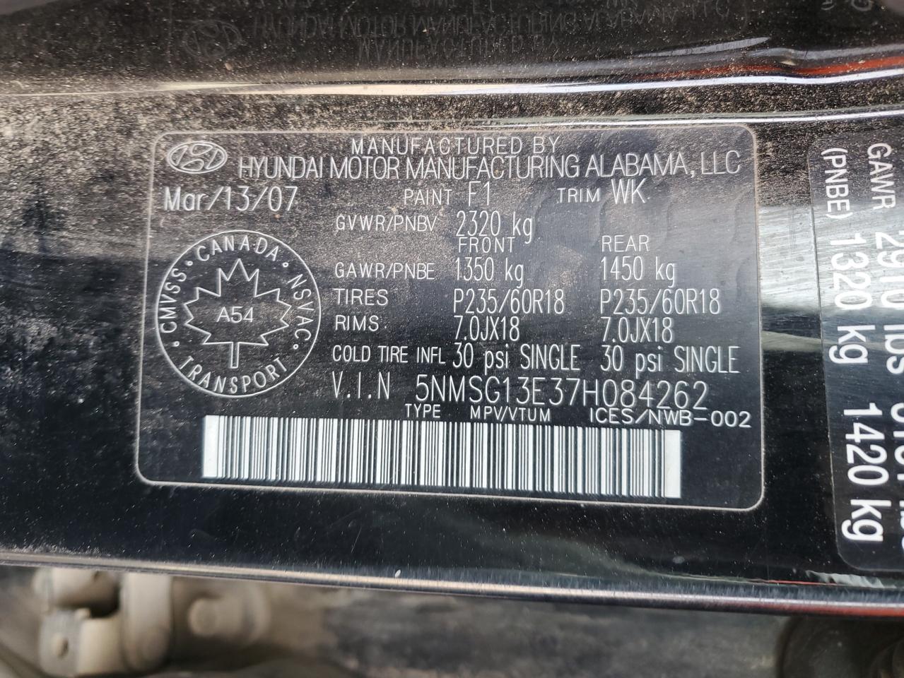 2007 Hyundai Santa Fe Gl VIN: 5NMSG13E37H084262 Lot: 85652495