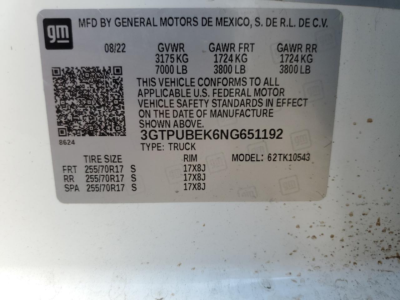 2022 GMC Sierra K1500 Sle VIN: 3GTPUBEK6NG651192 Lot: 85492095