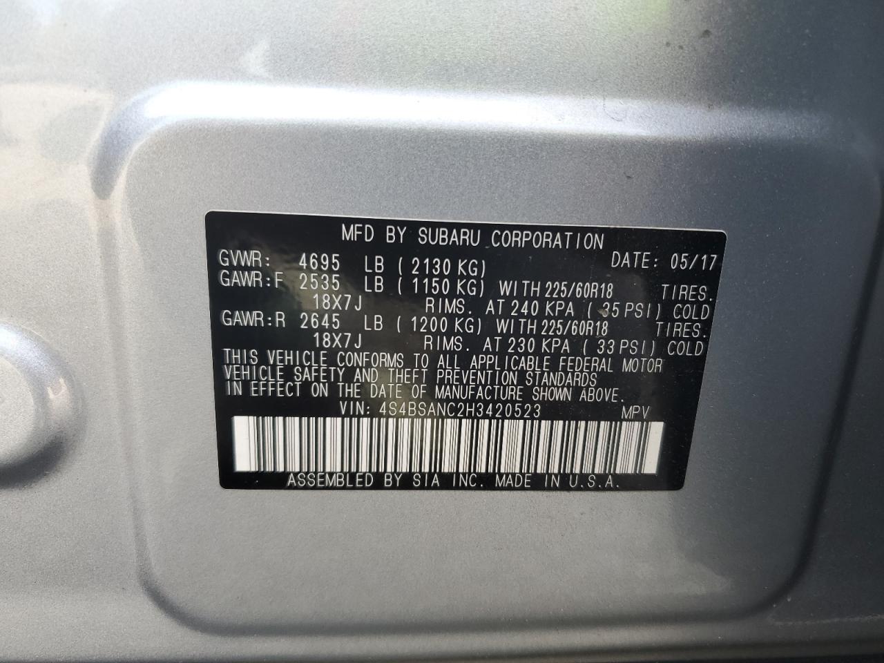 2017 Subaru Outback 2.5I Limited VIN: 4S4BSANC2H3420523 Lot: 82318515