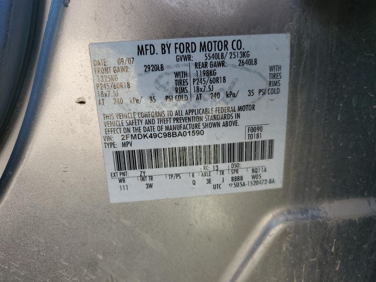 2008 Ford Edge Limited VIN: 2FMDK49C98BA01590 Lot: 85874525