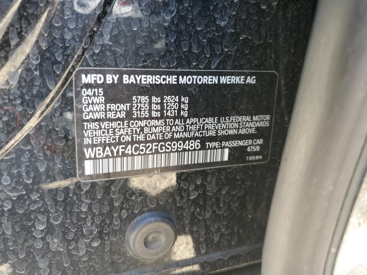 2015 BMW 740 Lxi VIN: WBAYF4C52FGS99486 Lot: 82360385