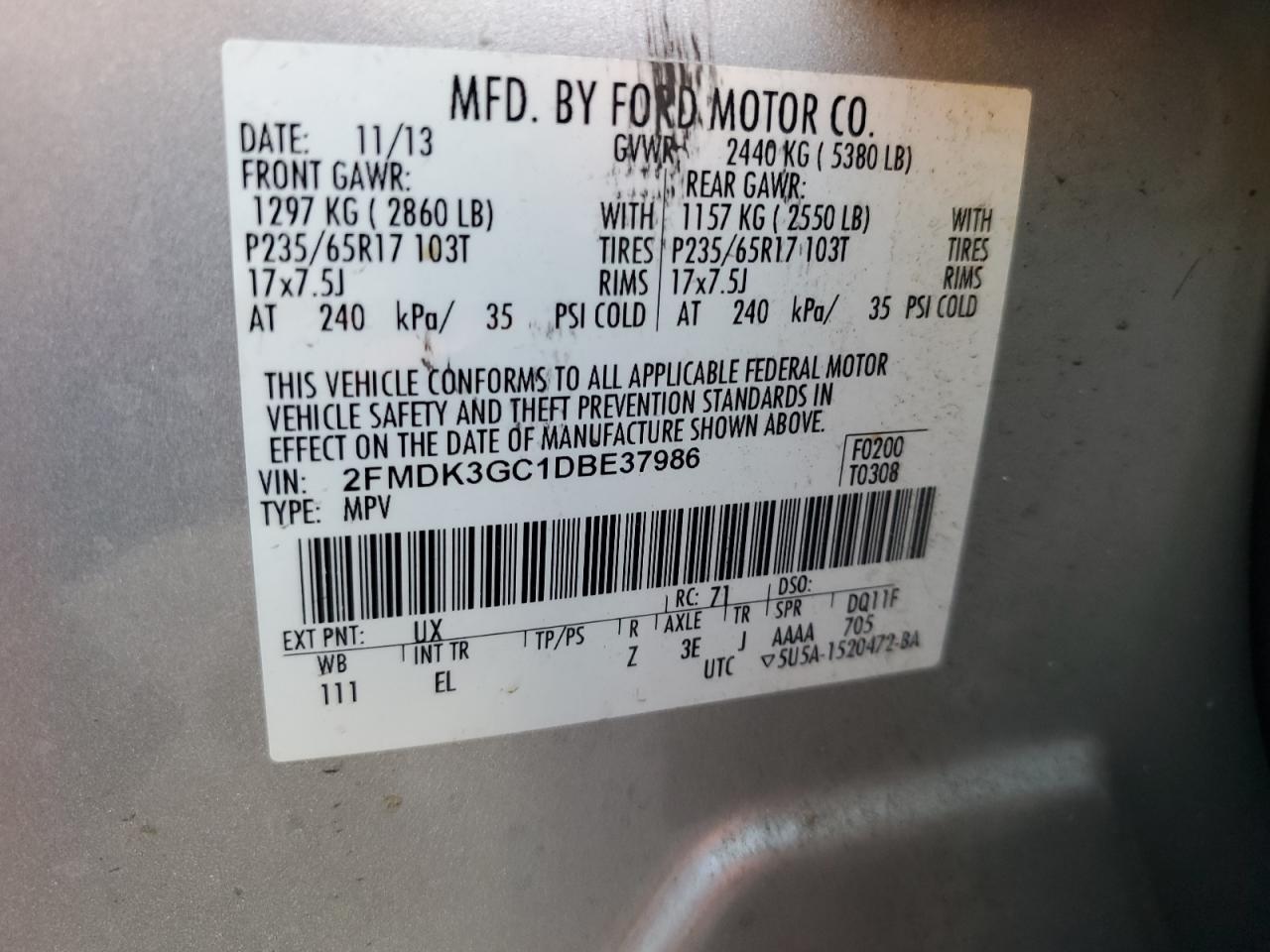 2013 Ford Edge Se VIN: 2FMDK3GC1DBE37986 Lot: 87422135