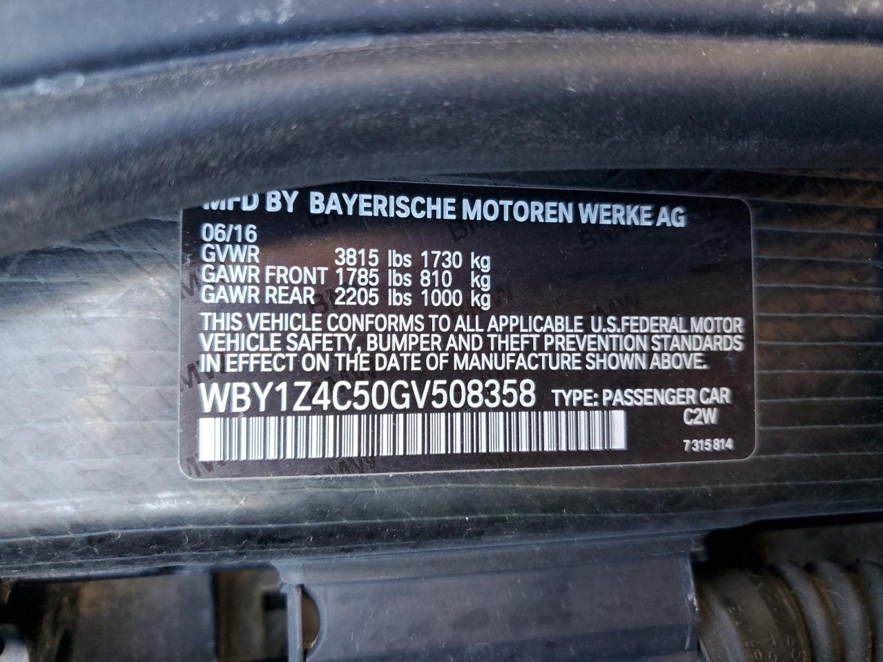 2016 BMW I3 Rex VIN: WBY1Z4C50GV508358 Lot: 86674475