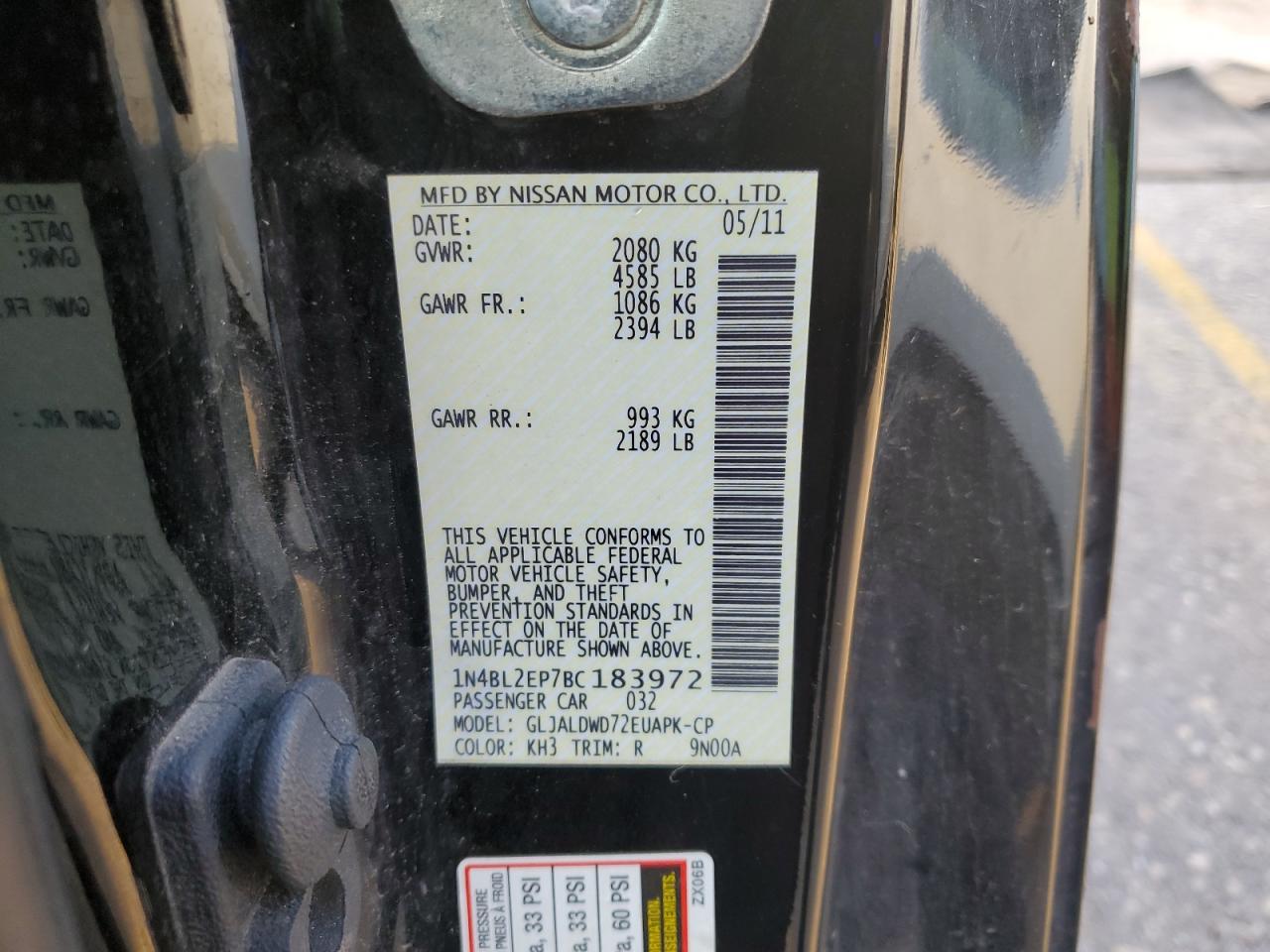 2011 Nissan Altima Sr VIN: 1N4BL2EP7BC183972 Lot: 85580045