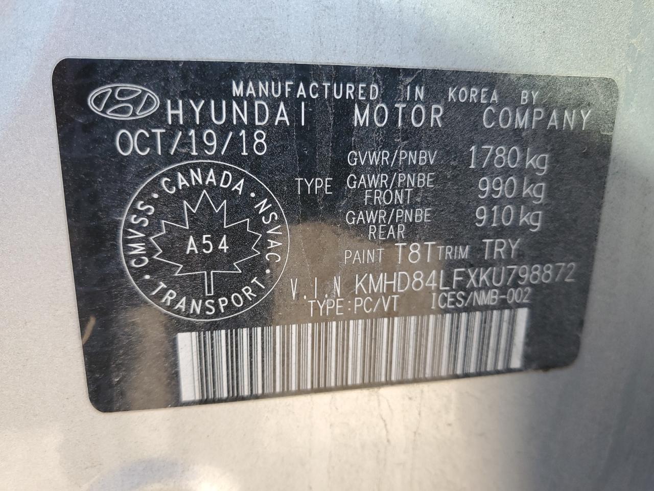 2019 Hyundai Elantra Sel VIN: KMHD84LFXKU798872 Lot: 84014395