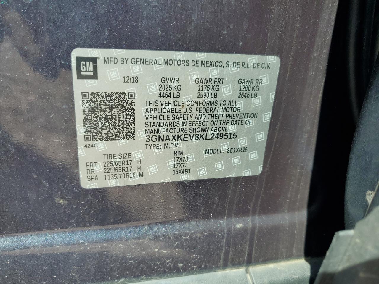 2019 Chevrolet Equinox Lt VIN: 3GNAXKEV8KL249515 Lot: 85704915