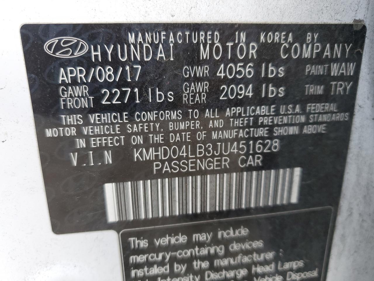 2018 Hyundai Elantra Sport VIN: KMHD04LB3JU451628 Lot: 82335675