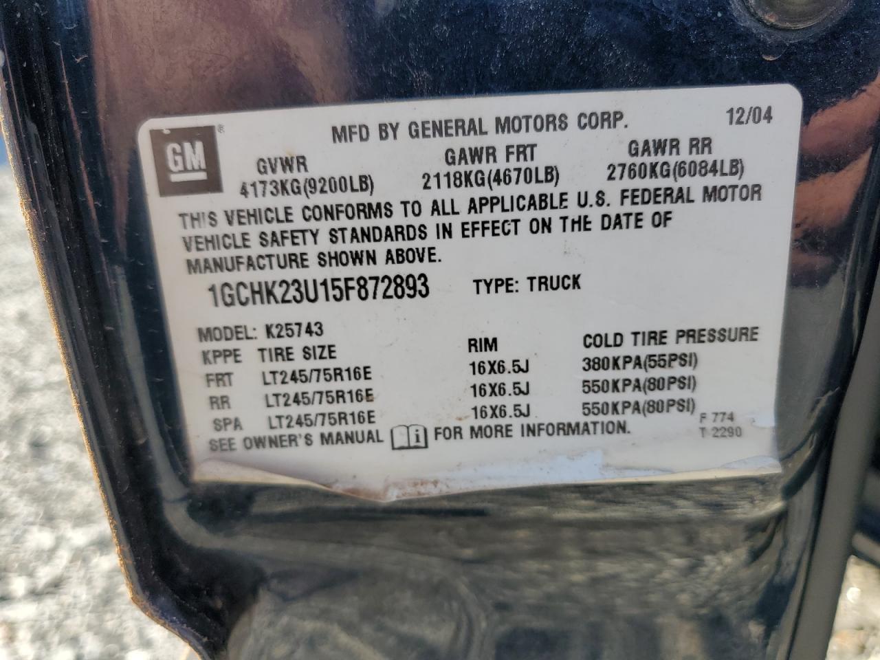 2005 Chevrolet Silverado K2500 Heavy Duty VIN: 1GCHK23U15F872893 Lot: 84651335