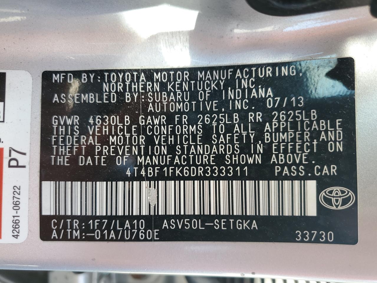 2013 Toyota Camry L VIN: 4T4BF1FK6DR333311 Lot: 85080095