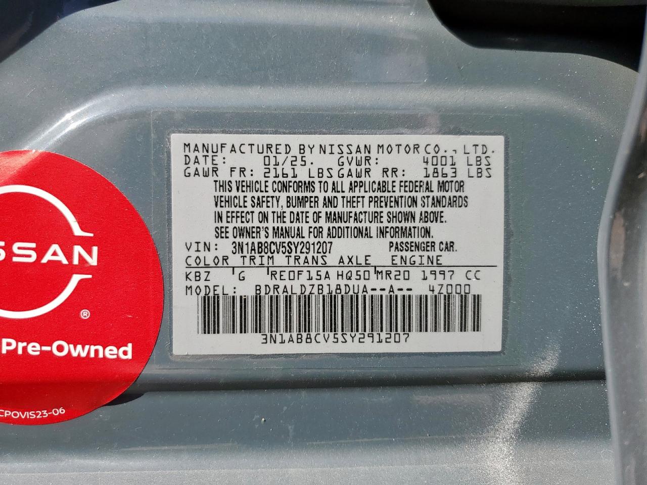 2025 Nissan Sentra Sv VIN: 3N1AB8CV5SY291207 Lot: 85850075