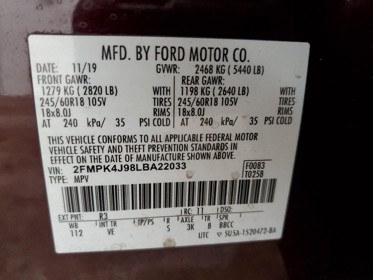 2020 Ford Edge Sel VIN: 2FMPK4J98LBA22033 Lot: 89669095