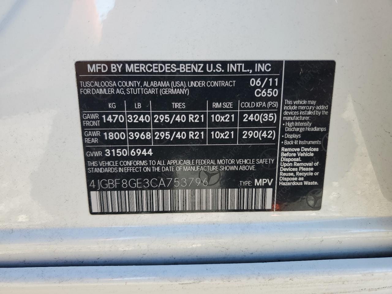 2012 Mercedes-Benz Gl 550 4Matic VIN: 4JGBF8GE3CA753796 Lot: 87277135