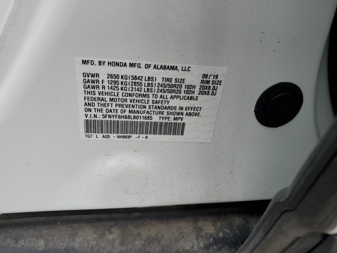 2020 Honda Pilot Touring VIN: 5FNYF6H68LB011685 Lot: 82208695