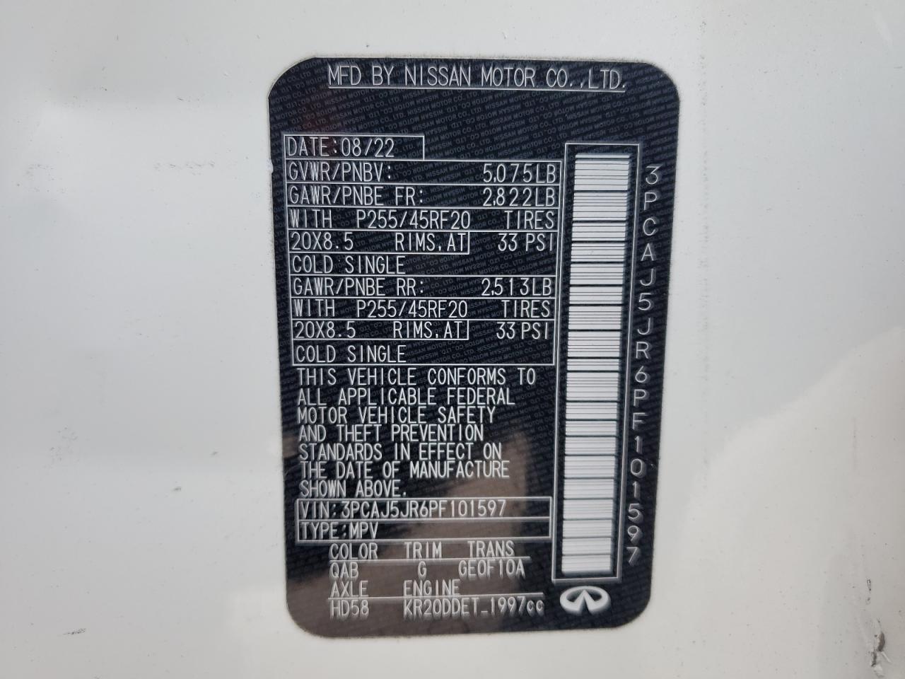 2023 Infiniti Qx55 Luxe VIN: 3PCAJ5JR6PF101597 Lot: 82001245