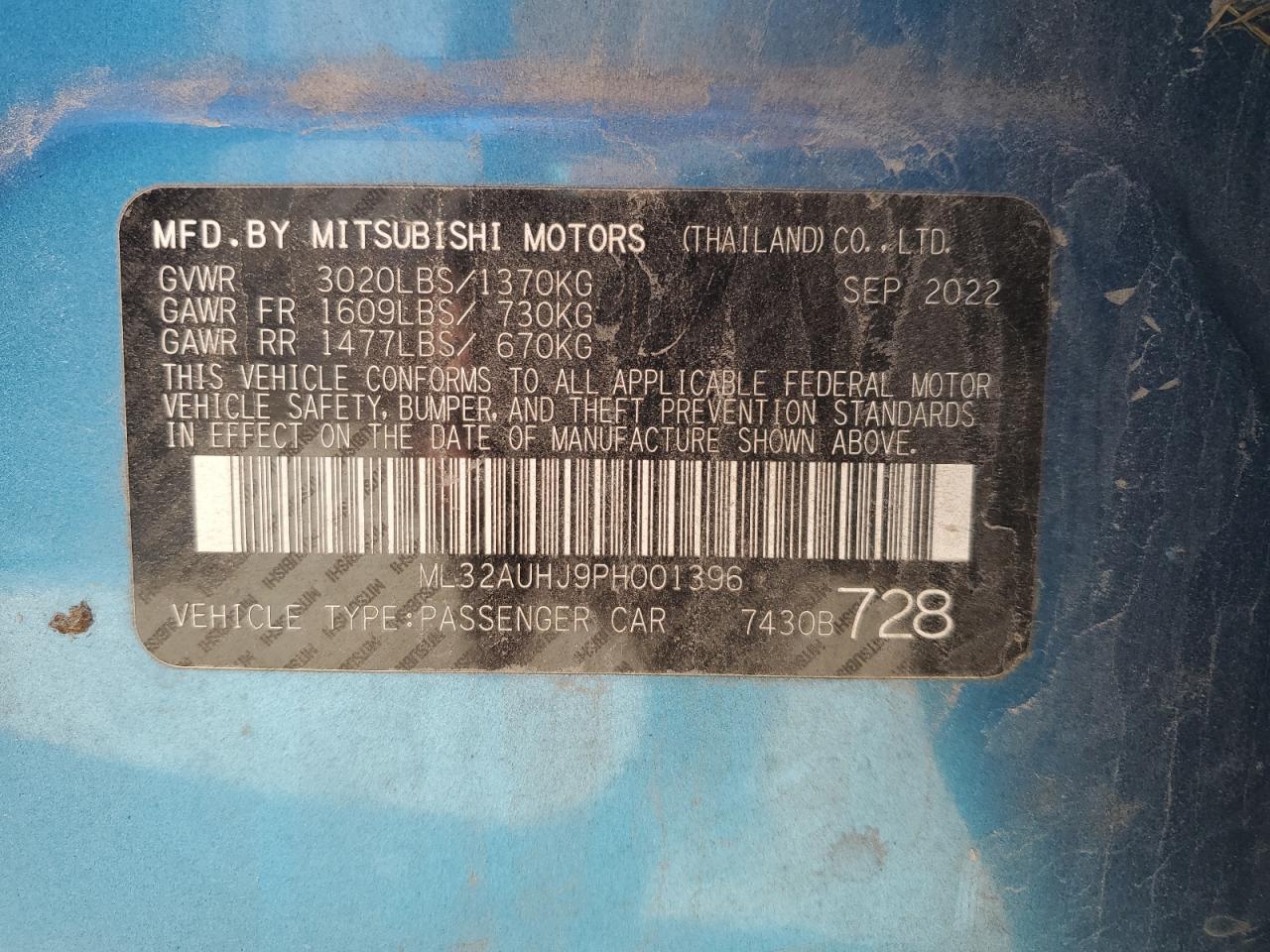 2023 Mitsubishi Mirage Es VIN: ML32AUHJ9PH001396 Lot: 86504085
