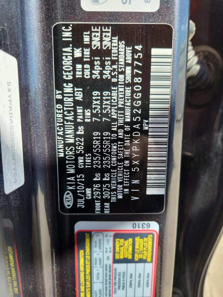 2016 Kia Sorento Sx VIN: 5XYPKDA52GG087754 Lot: 81943335