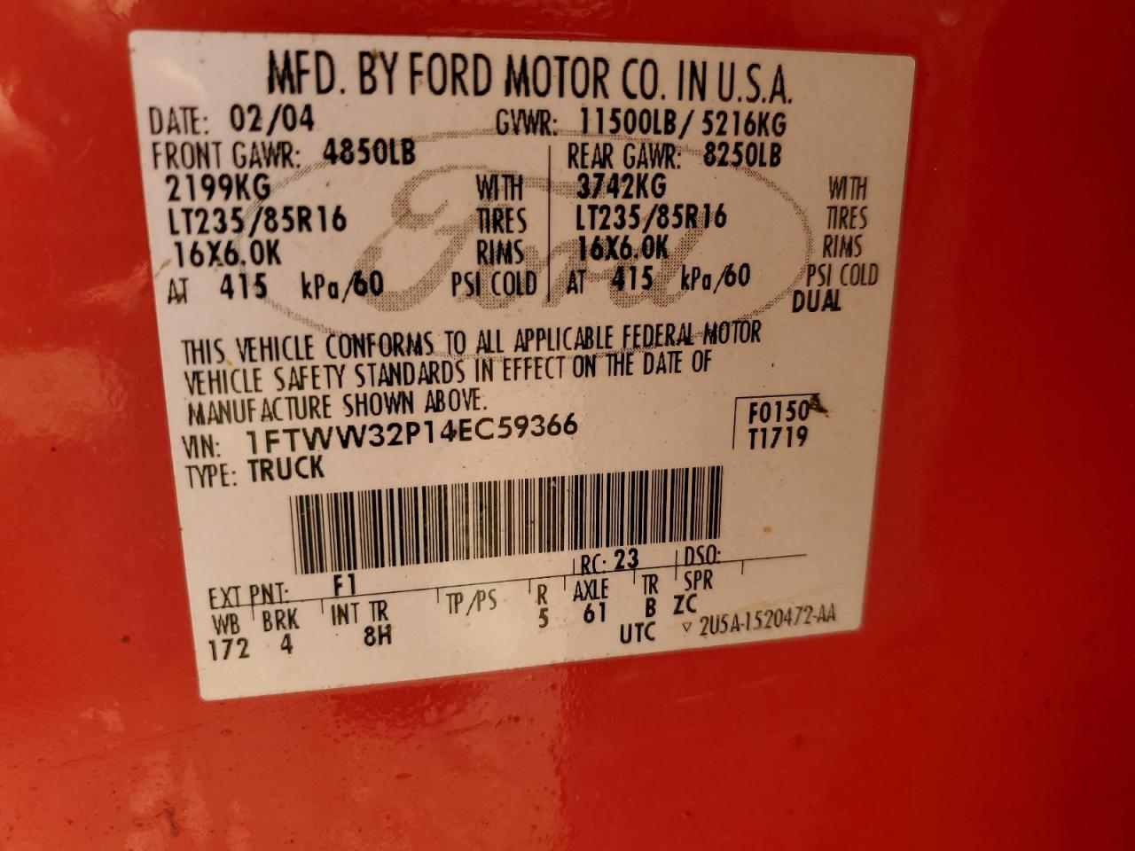 2004 Ford F350 Super Duty VIN: 1FTWW32P14EC59366 Lot: 85587405