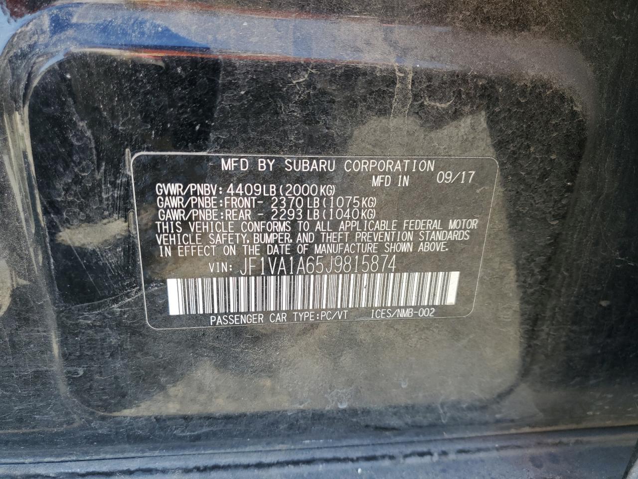 2018 Subaru Wrx VIN: JF1VA1A65J9815874 Lot: 85794725