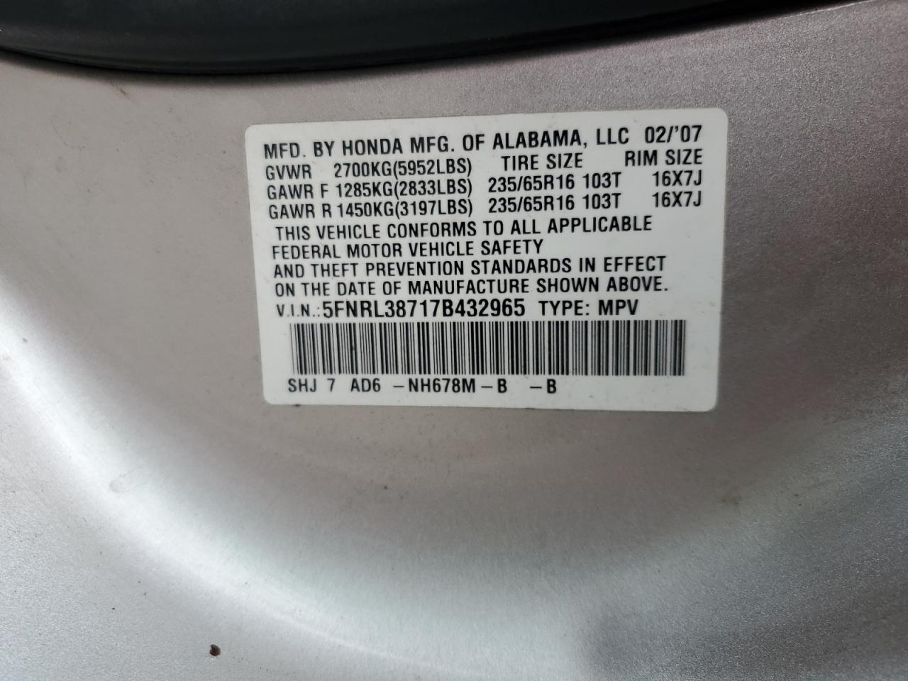 2007 Honda Odyssey Exl VIN: 5FNRL38717B432965 Lot: 82203065