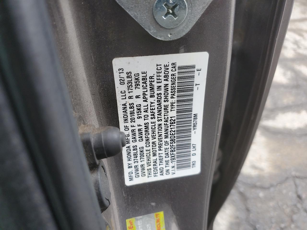 2013 Honda Civic Lx VIN: 19XFB2F58DE217621 Lot: 86091985