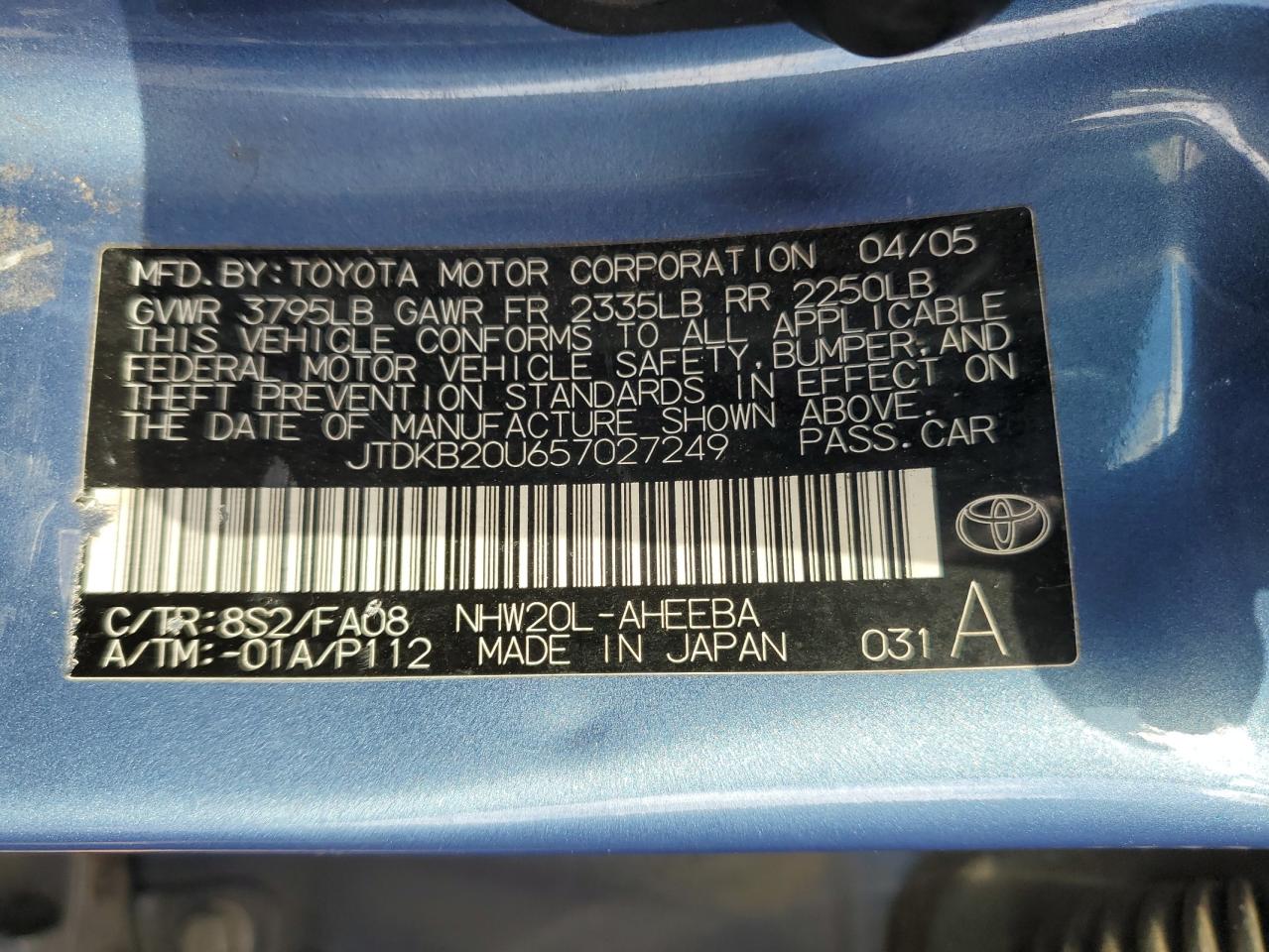 2005 Toyota Prius VIN: JTDKB20U657027249 Lot: 90707855