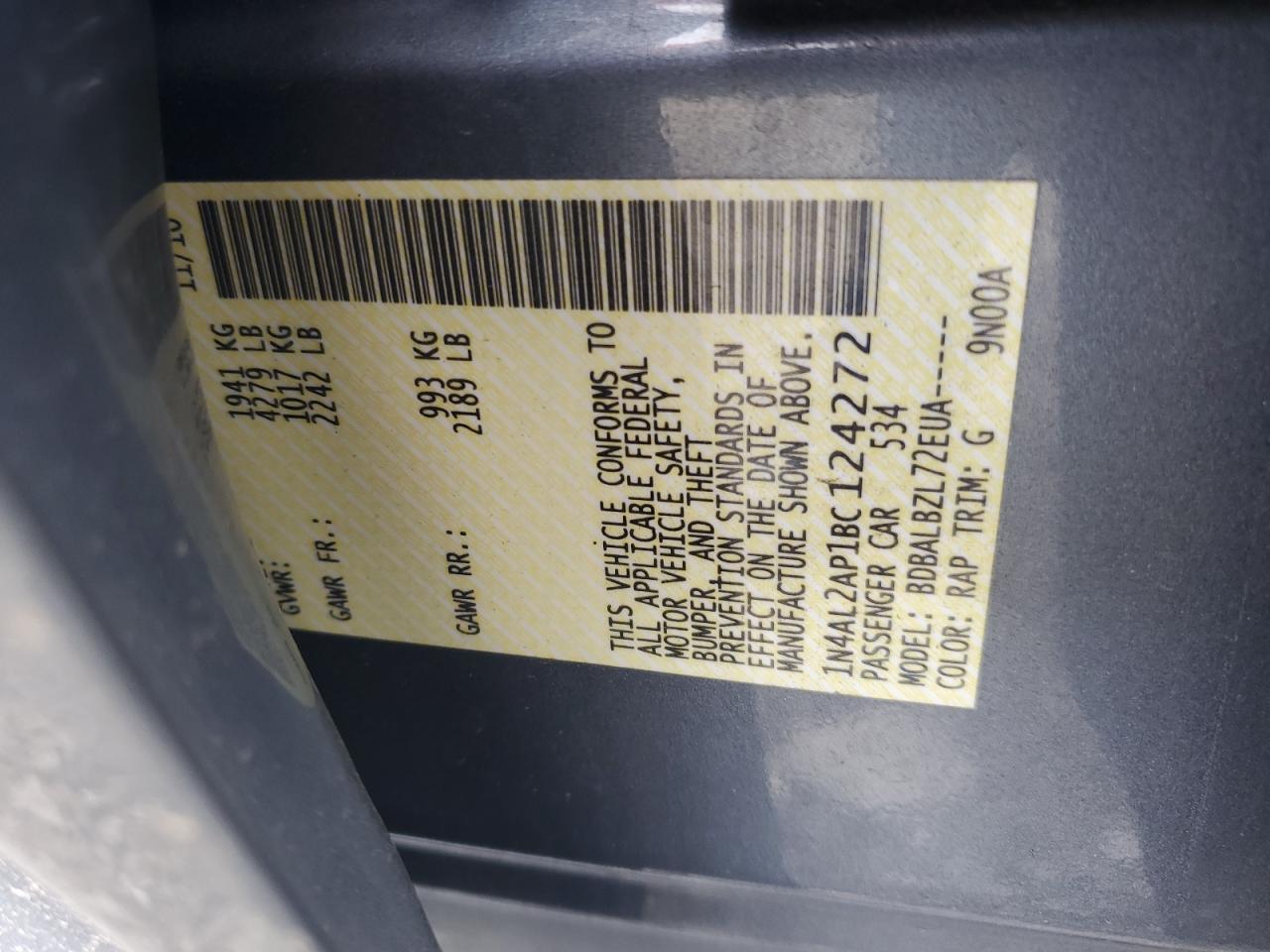 2011 Nissan Altima Base VIN: 1N4AL2AP1BC124272 Lot: 86130405