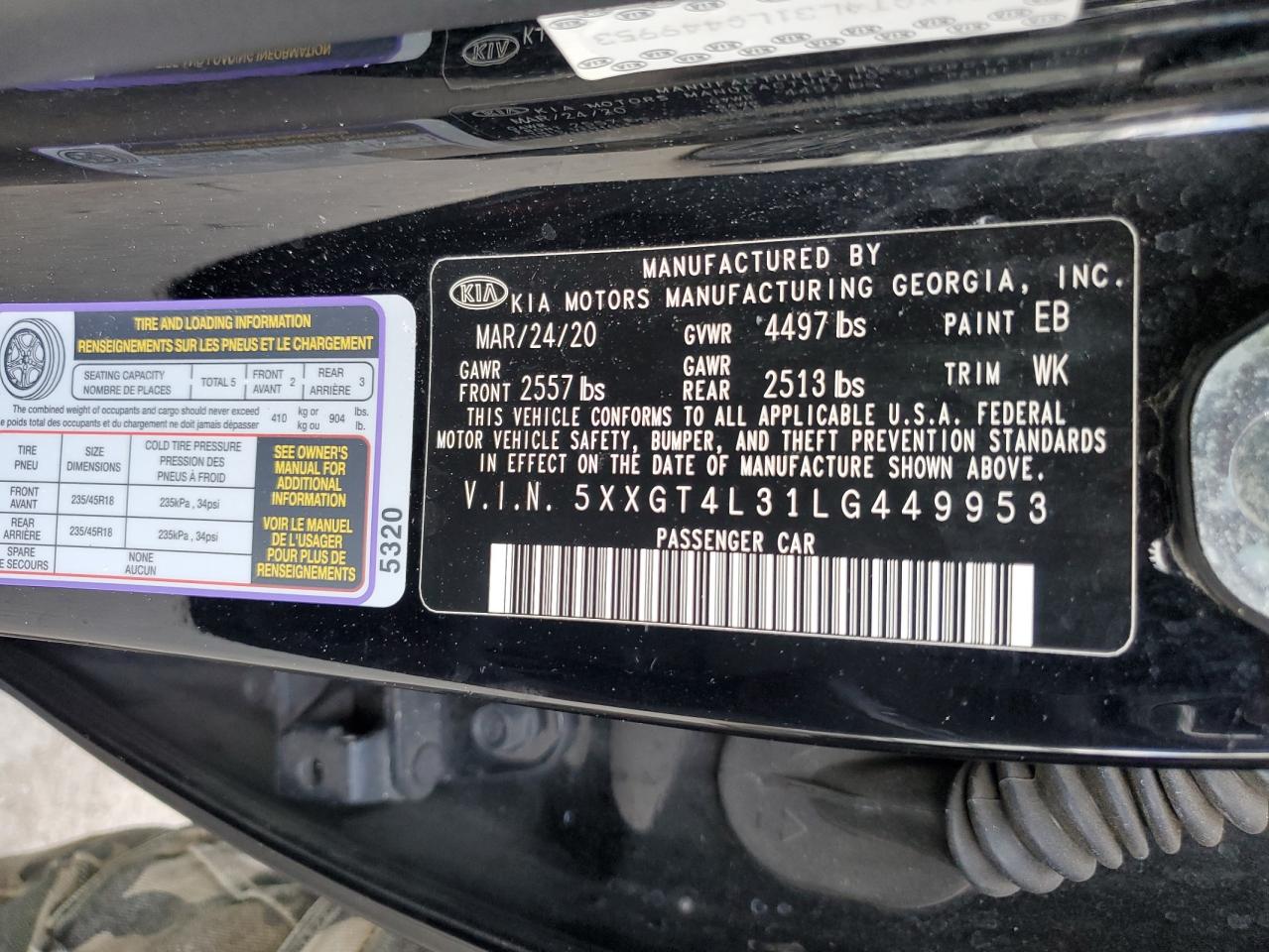 2020 Kia Optima Lx VIN: 5XXGT4L31LG449953 Lot: 82180145