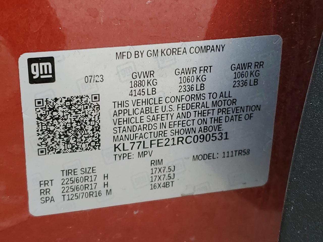 2024 Chevrolet Trax Ls VIN: KL77LFE21RC090531 Lot: 82548335